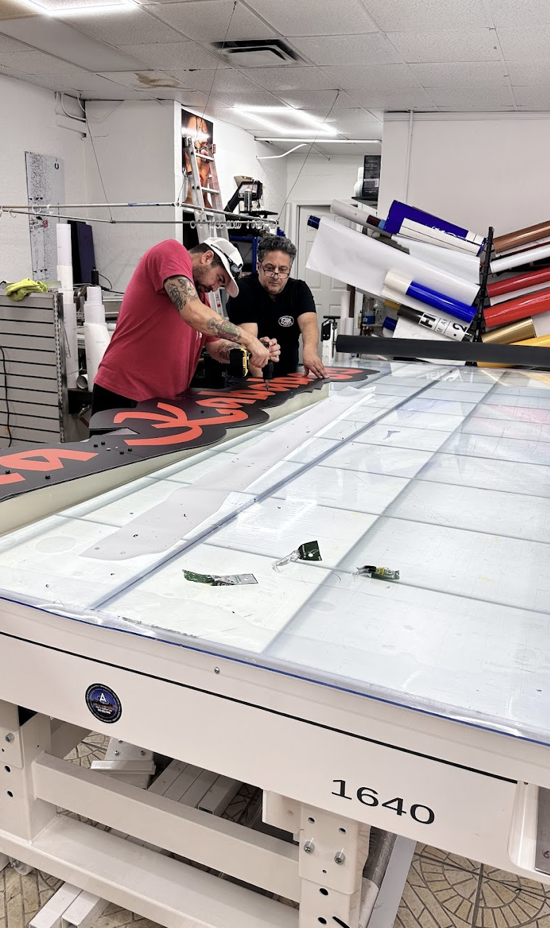 workers preparing signage for client